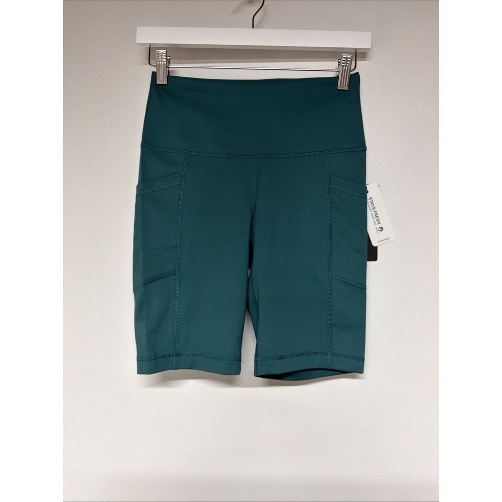 Yogalicious Lux Biker Shorts Size S Pockets Mid Rise Stretch Green Athletic NEW